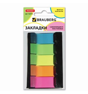 BRAUBERG Закладки самоклеящиеся неоновые, пластиковые, 48х20 мм, 5х20 л., в диспенсере, европодвес