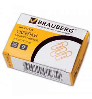 BRAUBERG Скрепки, 28 мм, золотистые, 100 штук, в картонной коробке