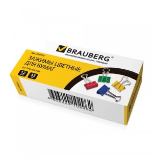 BRAUBERG Зажимы для бумаг, комплект 12 шт., 32 мм, на 140 л., цветные, в картонной коробке