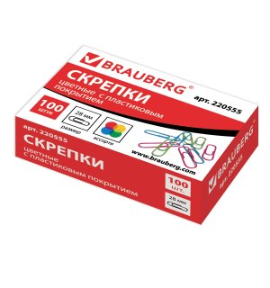 BRAUBERG Скрепки, 28 мм, цветные, 100 штук, в картонной коробке