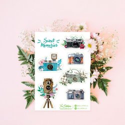 Акварельные фотоаппараты. Лист виниловых наклеек А5